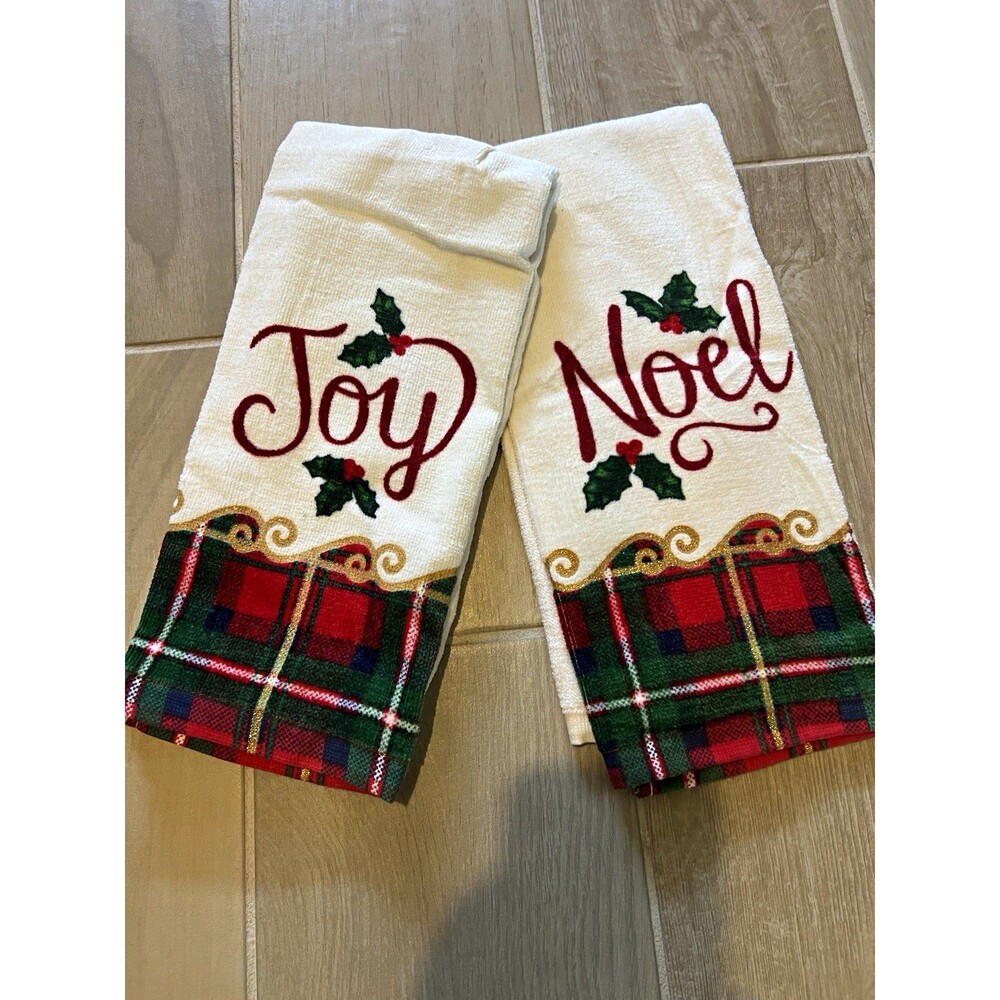 St. Nicholas Square Joy & Noel Holiday Hand Towels Set of 2 Embroidered Plaid